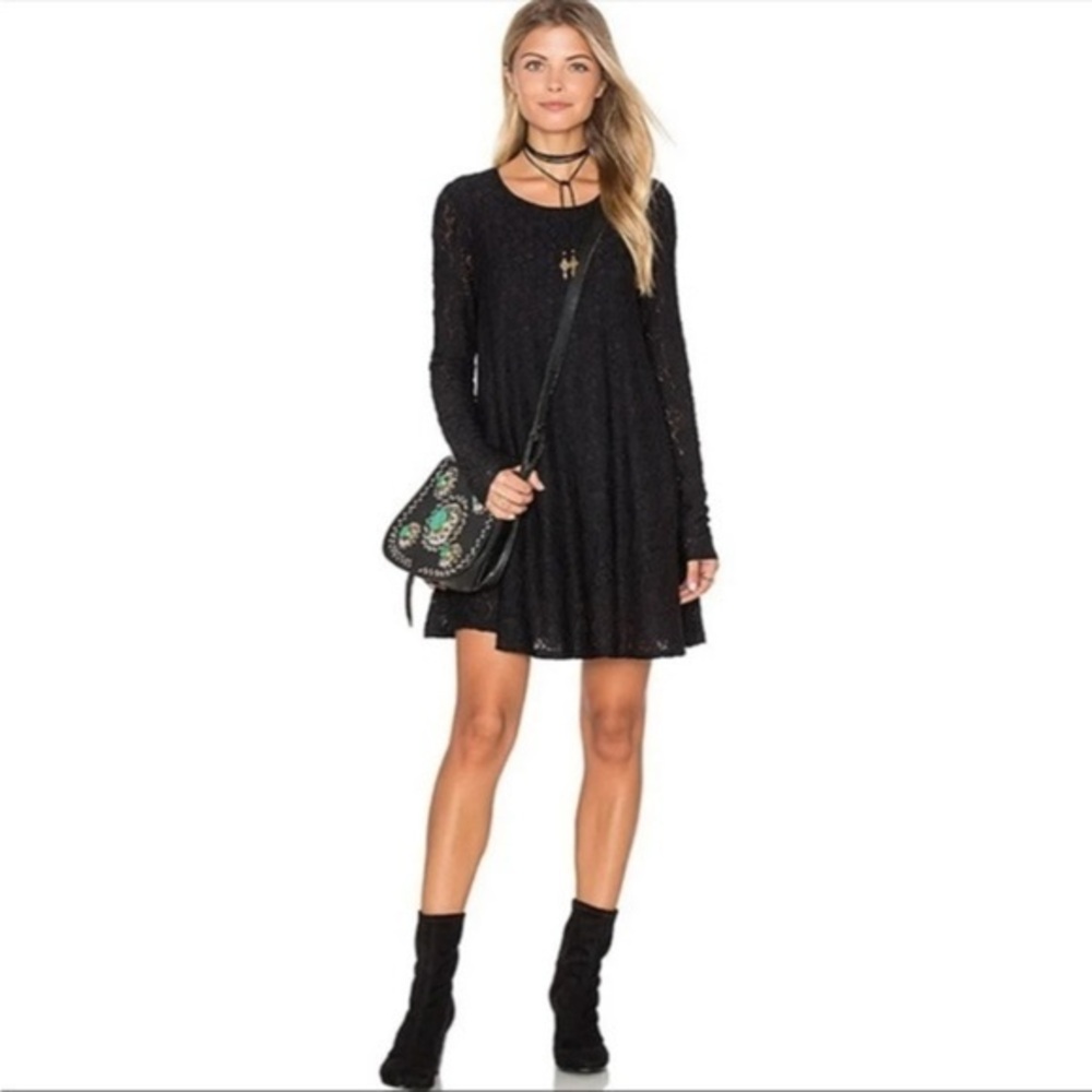 SHOW ME YOUR MUMU BLACK GOTH LACE LONG SLEEVE ROUND NECK FLOWY TUNIC MINIDRESS